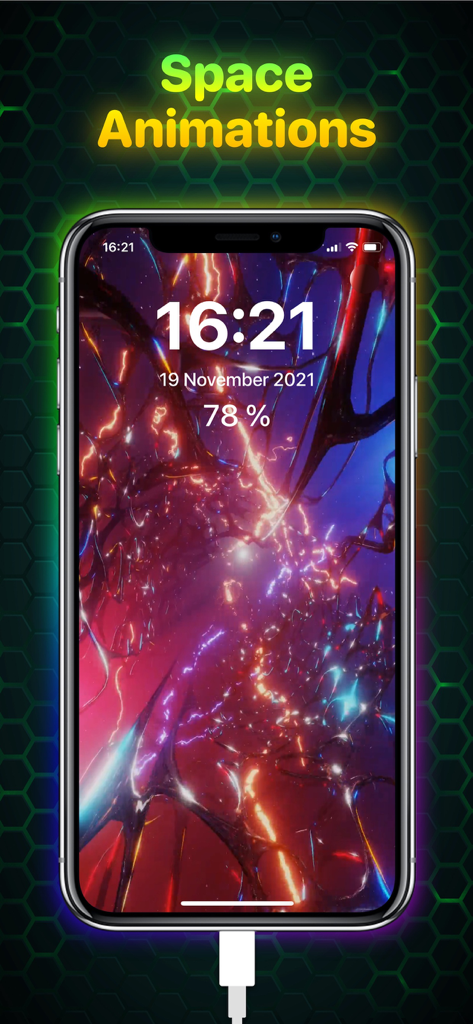 Ampere: Charging Animation App - Animación de carga vibrante temática del espacio en un iPhone usando la aplicación Ampere