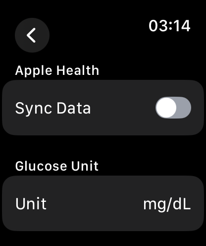 GlucoseWatch - Pantalla de configuración de GlucoseWatch en Apple Watch que muestra el interruptor de sincronización de datos para Apple Health y la preferencia de unidad de glucosa.