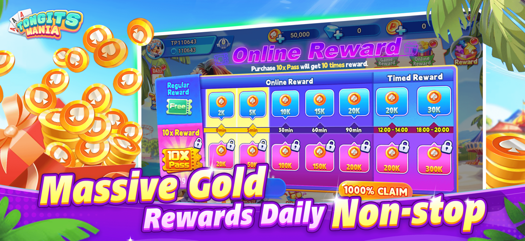 Tongits Mania - Tongits Mania app interface showing daily and timed online gold coin rewards