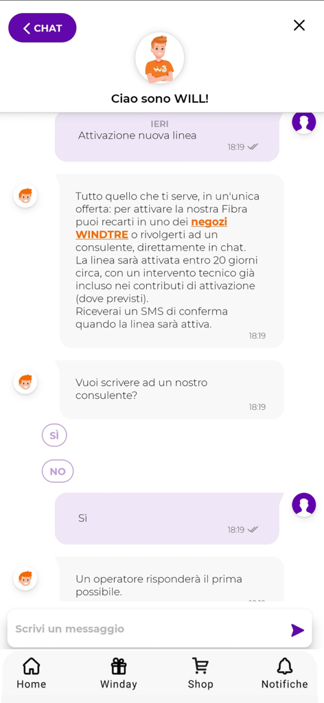 WINDTRE - WINDTREモバイルアプリのチャットインターフェース。デジタルアシスタント「WILL」がカスタマーサポートを提供しています。
