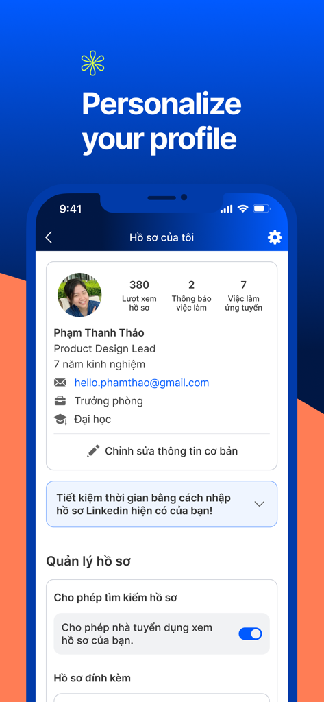 Mobile app screen of VietnamWorks showing a personalized professional profile with resume management and job search statistics
