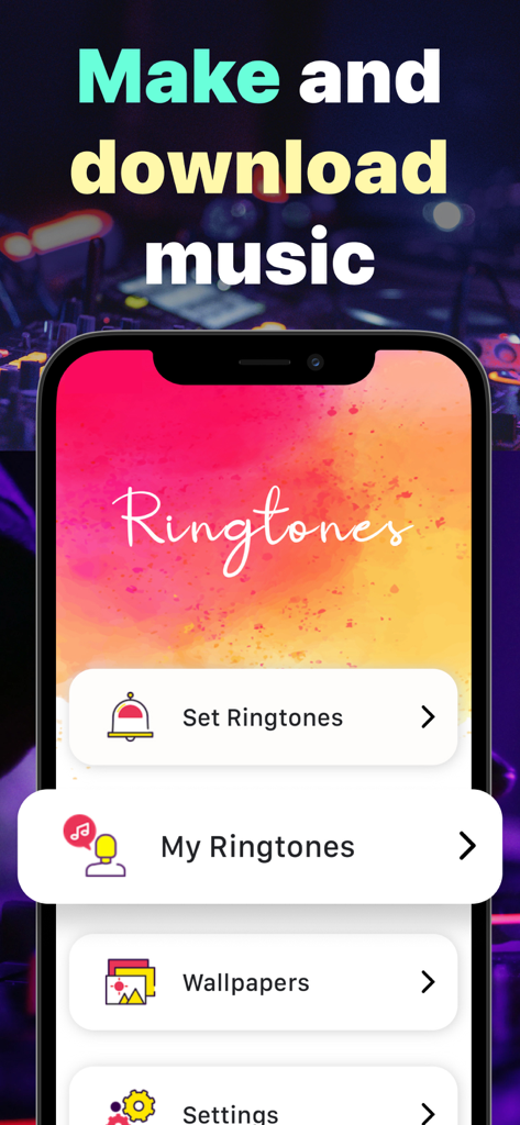 Ringtone Maker - Ringtones - Menú de inicio de la aplicación Ringtone Maker con opciones para configurar tonos de llamada y fondos de pantalla