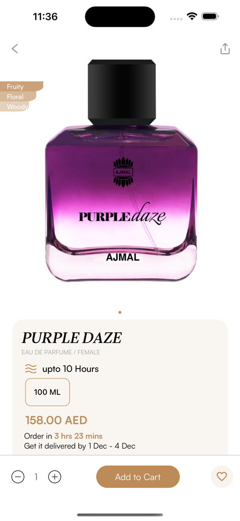 Captura de pantalla de la app Ajmal Perfume Online mostrando los detalles del producto Purple Daze Eau de Parfum para mujer.