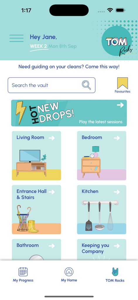 The TOM Rocks screen in the app showing room-specific guided cleaning sessions