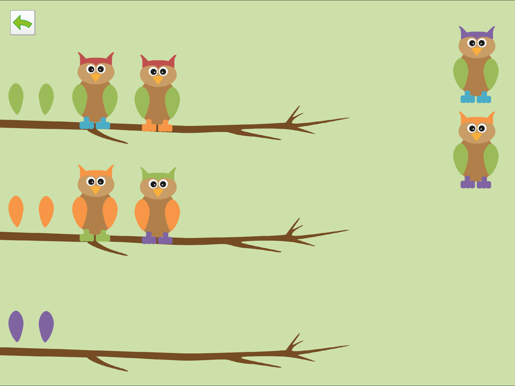 PreNumbers PRO - A cognitive sorting exercise featuring owls and leaves on tree branches in a minimalist forest theme.