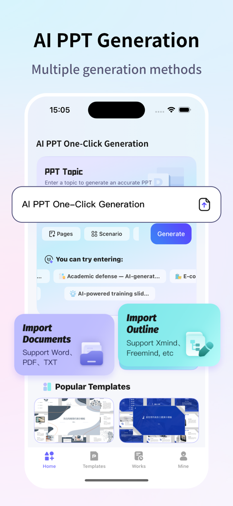 AI PPT - AI PPT app interface showing one click presentation generation from topics or documents