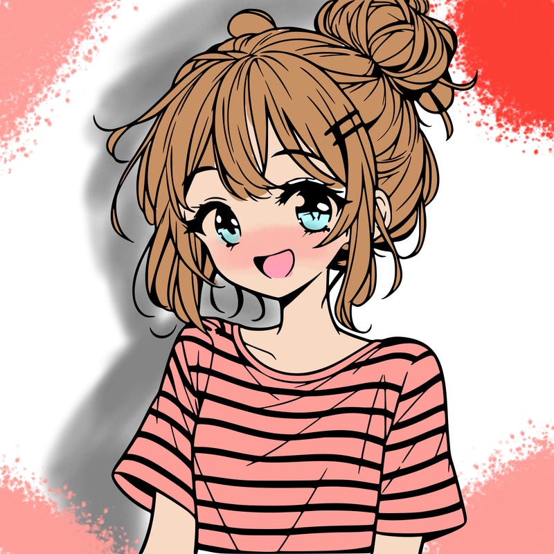 anime girl teenager striped shirt and smile and messy bun