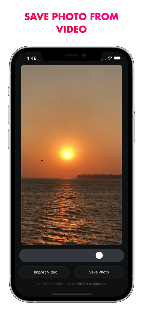 A mobile app interface displaying a sunset video with options to extract and save a high quality photo.