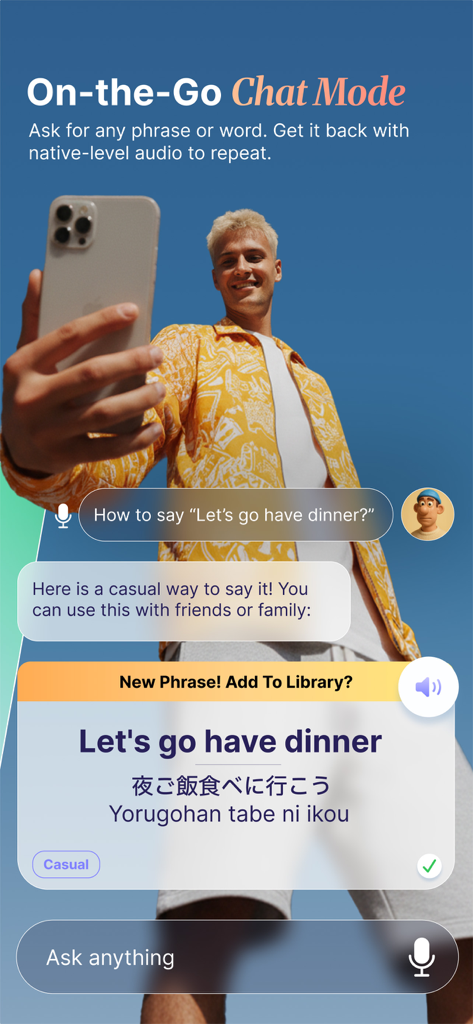 Interfaccia della Modalità Chat dell'app Mad Fluent che mostra la traduzione dall'inglese al giapponese