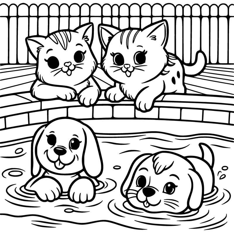 two cats and two dog at the pool