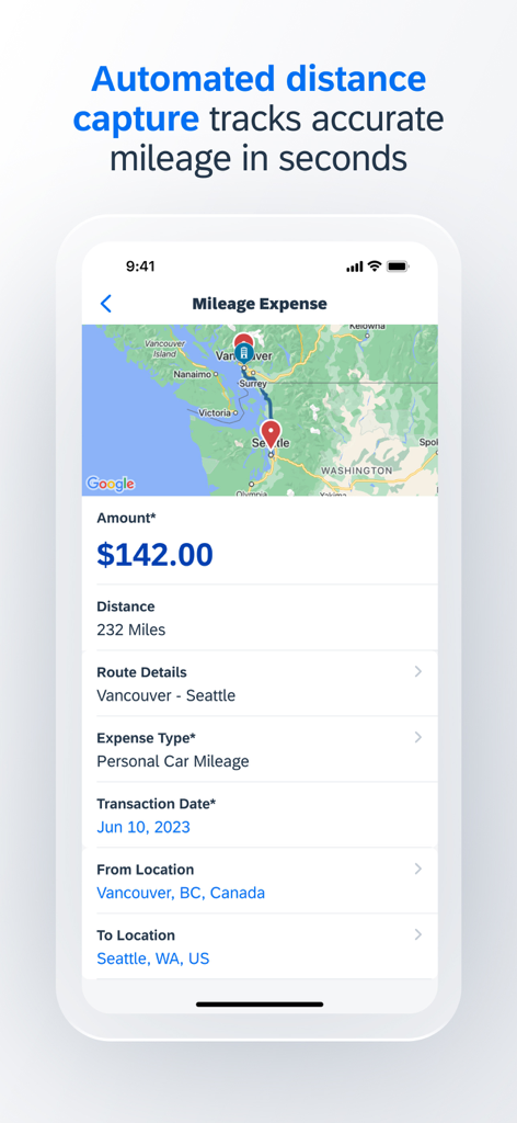 SAP Concur app interface showing automated mileage capture and route map for business expense reporting