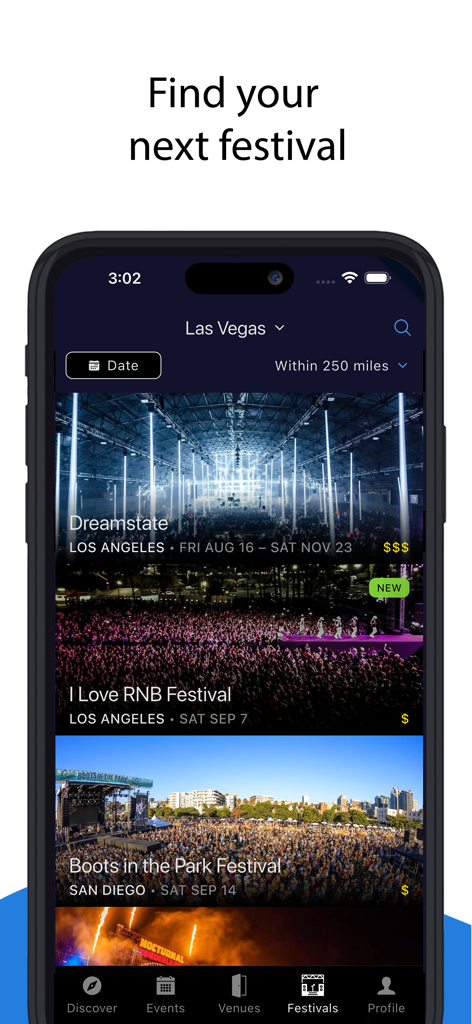 Discotech Nightlife - Smartphone displaying the Discotech app festival finder screen with listings for Dreamstate and I Love RNB Festival.