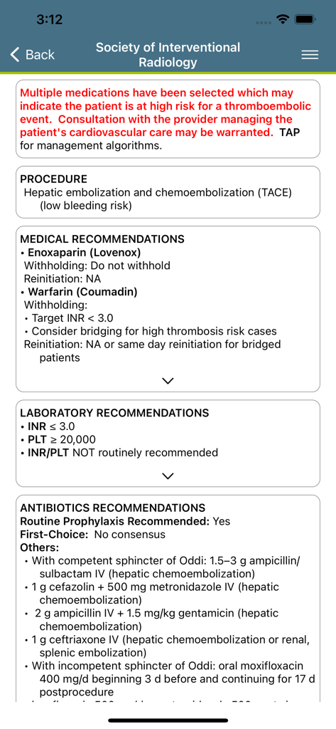 Clinical recommendations for medical and antibiotic management during interventional radiology procedures displayed on the SIR Guidelines app.