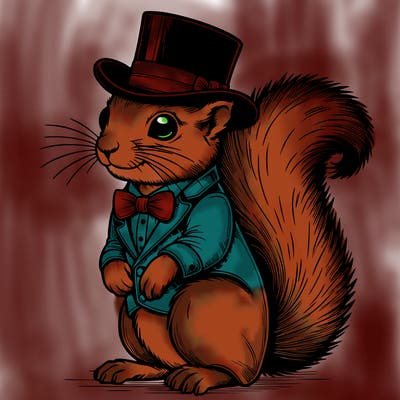 realistic squirrel wearing fancy suit and top hat