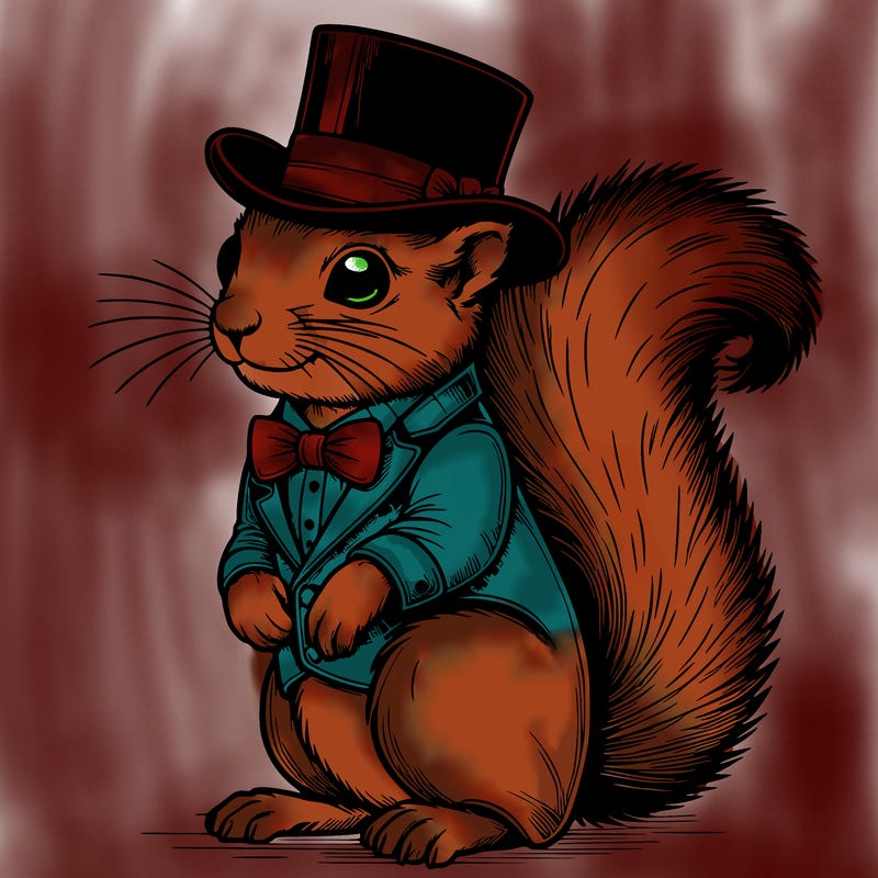 realistic squirrel wearing fancy suit and top hat