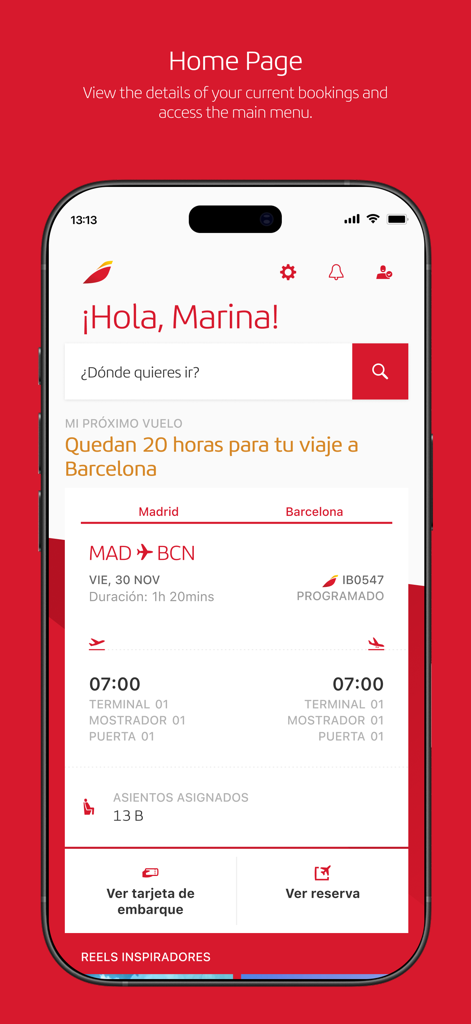 Pantalla de inicio de la aplicación móvil Iberia mostrando un saludo personalizado y detalles del vuelo para un viaje de Madrid a Barcelona