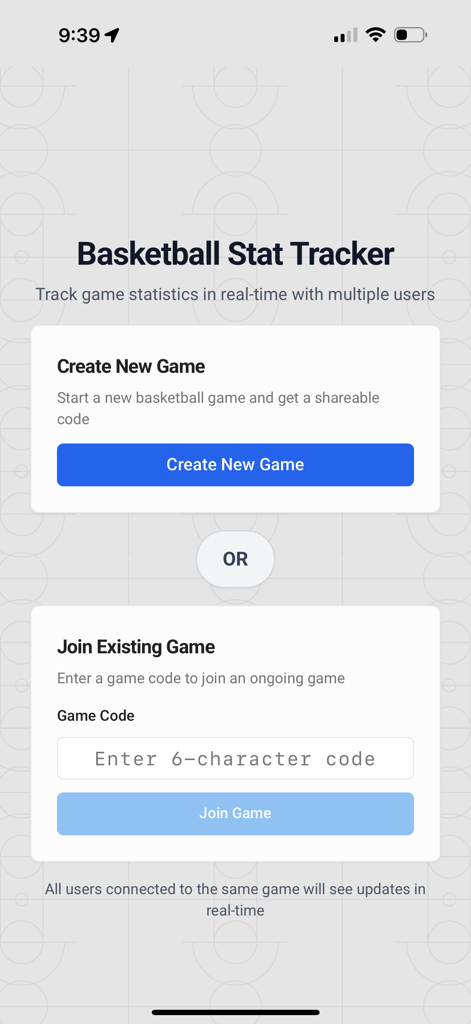 Basketball Stats Tracker - App - Basketball Stat Tracker app home screen with options to create or join a game.