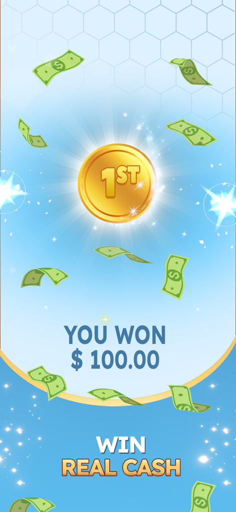 Photo Quiz: Win Real Money - Photo Quiz app screen showing a one hundred dollar cash prize and first place gold coin