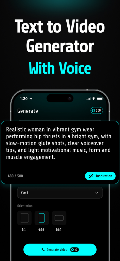 AI Text to VidEO Generator・Q3 - Pantalla de smartphone que muestra el generador de texto a vídeo Q3 AI con un prompt detallado y ajustes de relación de aspecto
