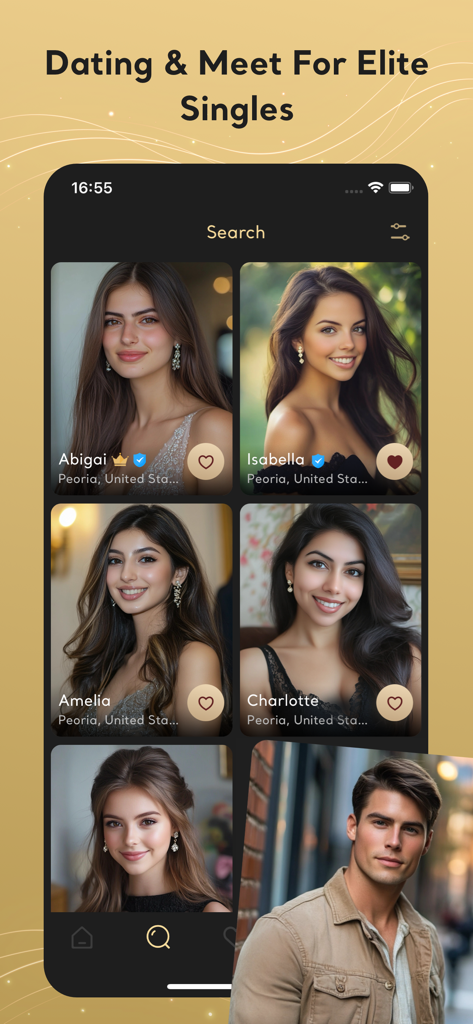 Elite Dating, Meet & Chat: AGR - Dating app screen showing profiles of attractive elite singles for meeting and chat