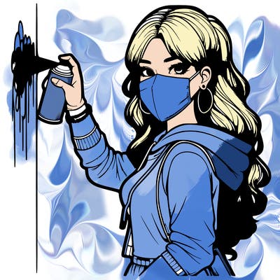 realistic girl with mask spray painting a wall