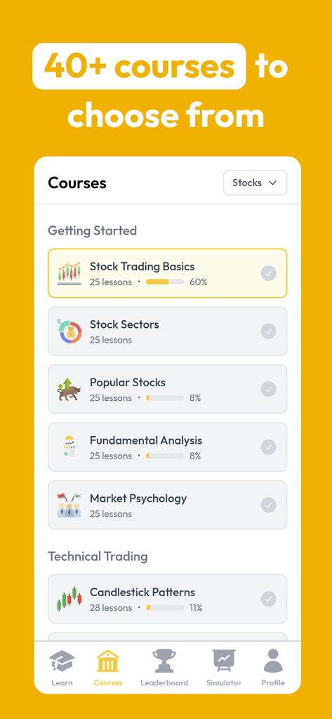 MunYun - Learn to Trade - MunYun app interface displaying a variety of stock trading courses and lesson progress