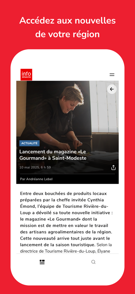 infodimanche - Captura de tela do aplicativo móvel infodimanche exibindo um artigo de notícias sobre o lançamento de uma revista local na região KRTB.