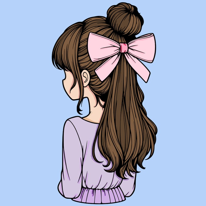 realistic girl  with hip length hair a bun and a big bow on the back of head