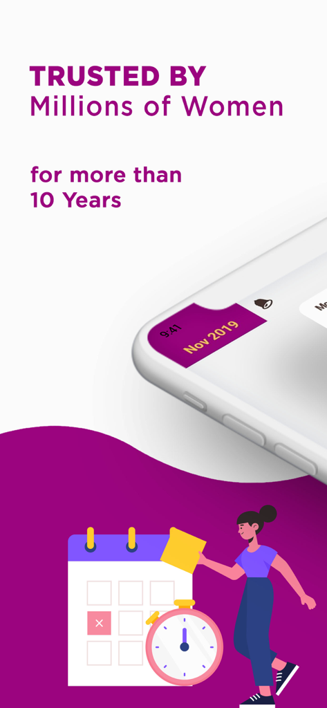 Pantalla promocional para el rastreador de períodos MyDays X Pro, indicando que ha sido confiado por millones de mujeres durante más de 10 años