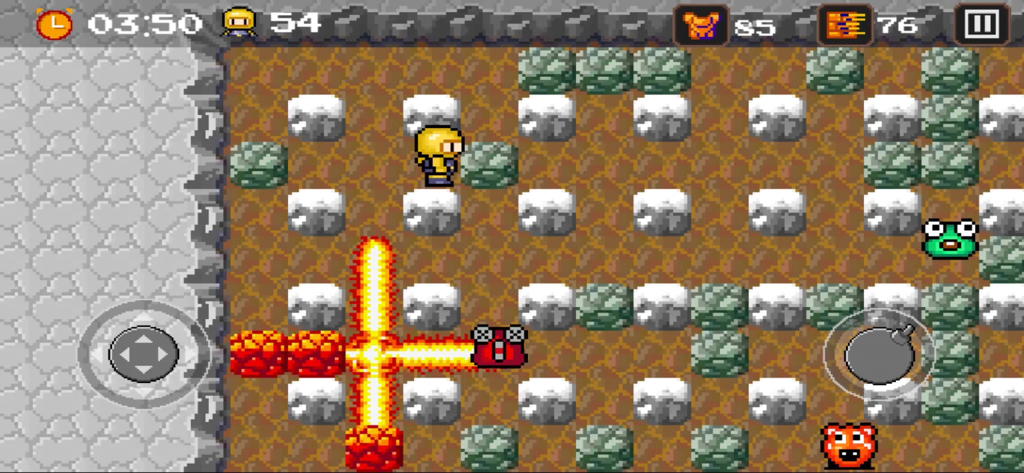 Bombsquad: Bomber Battle - Juego clásico de bombardero con arte de píxeles que muestra un personaje y una explosión de bomba en forma de cruz en un laberinto con enemigos.