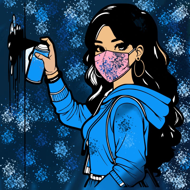 realistic girl with mask spray painting a wall