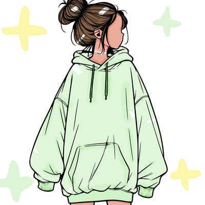 realistic girl with a oversized sweatshirt on and a bun