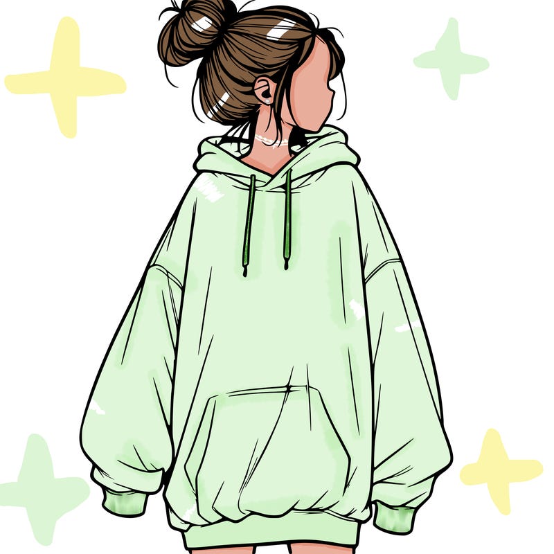 realistic girl with a oversized sweatshirt on and a bun