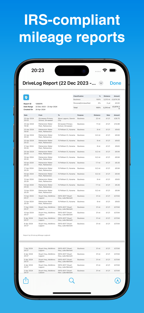 Schermata dello smartphone che visualizza un report di chilometraggio conforme all'IRS con registri dettagliati dei viaggi di lavoro per le detrazioni fiscali.