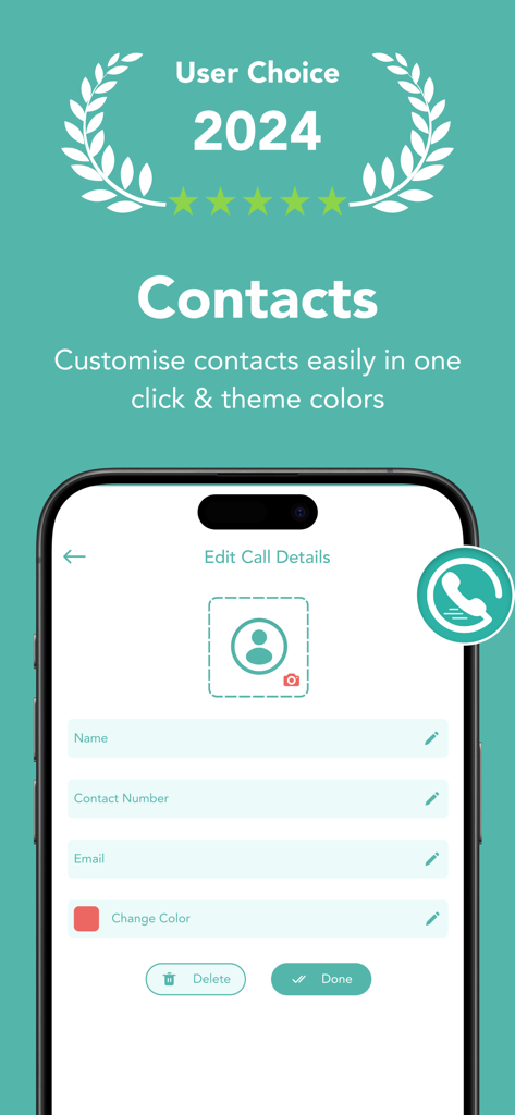 Edit call details screen showing options to customize contact name number and theme color