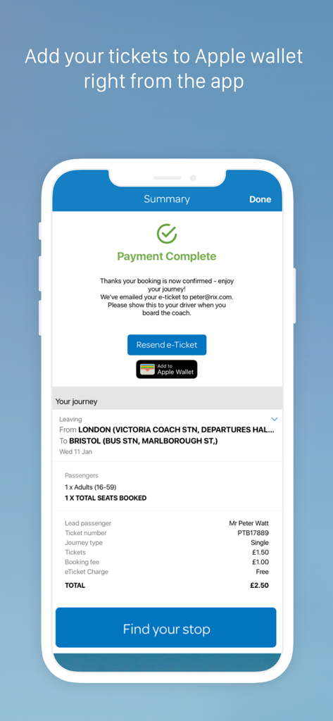Écran de confirmation de paiement de l'application National Express avec un bouton « Ajouter à Apple Wallet ».