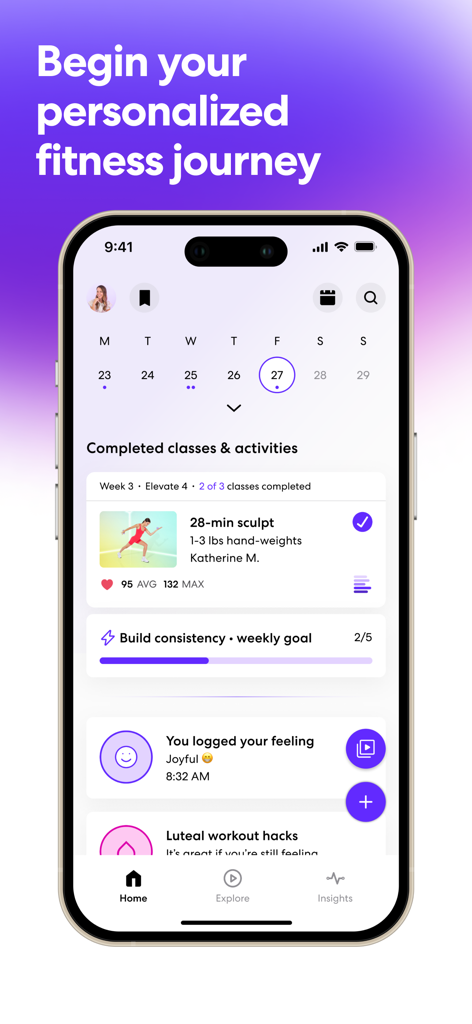 obé | Fitness for women - obé Fitness App Dashboard mit einem wöchentlichen Trainingskalender und Fortschrittsverfolgung
