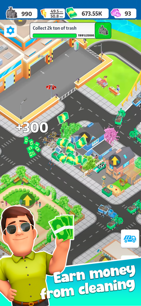 A city view in Trash Tycoon Idle Empire with garbage trucks collecting waste and a character holding money.