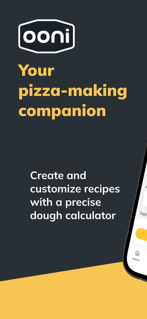 L'écran promotionnel de l'application Ooni mettant en avant le compagnon de fabrication de pizza et le calculateur de pâte précis.