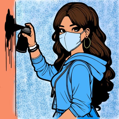 realistic girl with mask spray painting a wall