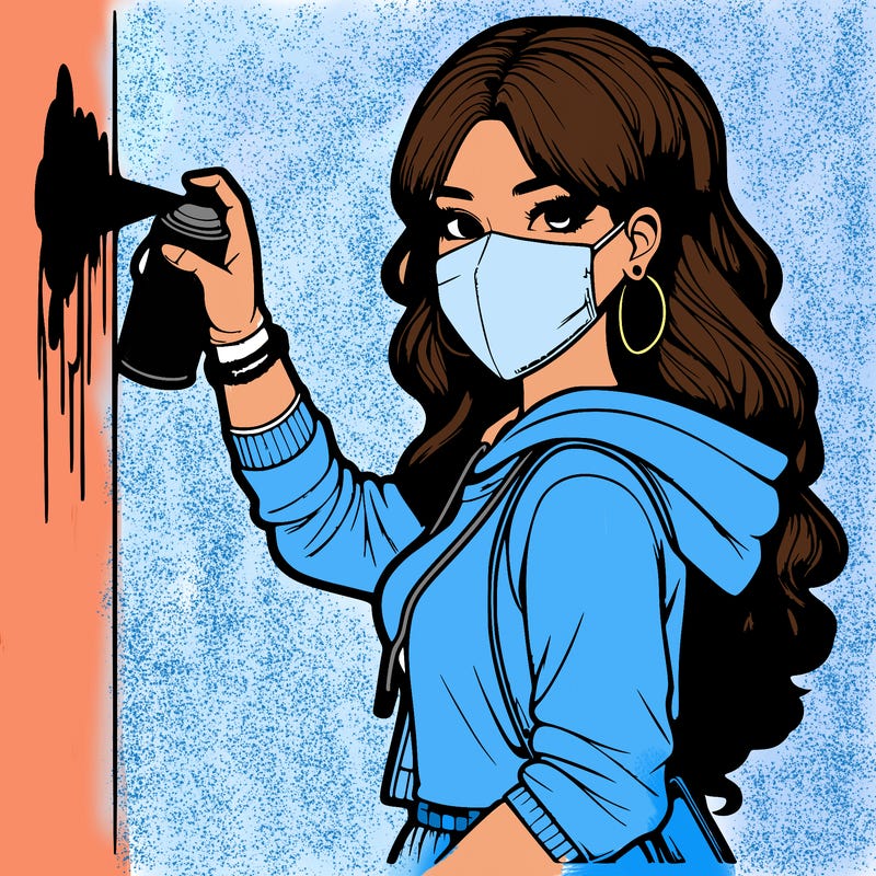 realistic girl with mask spray painting a wall