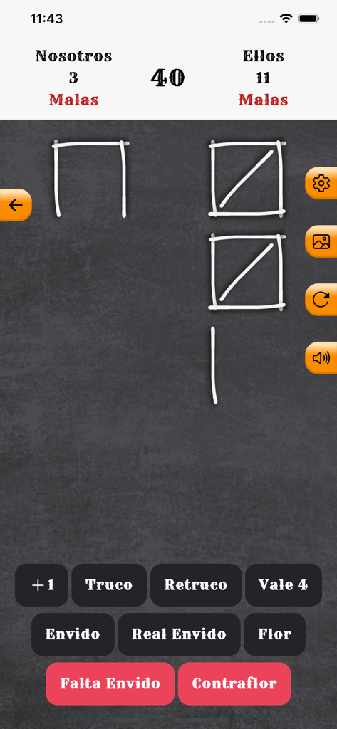 Anotador: Truco - Contador de puntuación digital para el juego de cartas Truco con recuentos de líneas de lápiz y botones de acción del juego