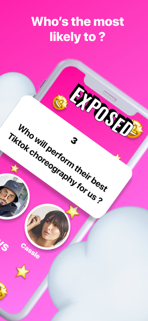 Exposed app party game screen showing a Who is most likely to challenge about TikTok choreography
