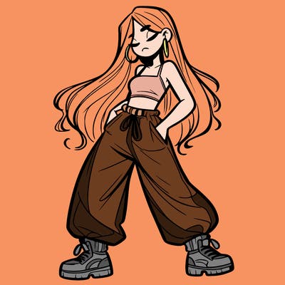 girl in baggy pants crop top and long hair