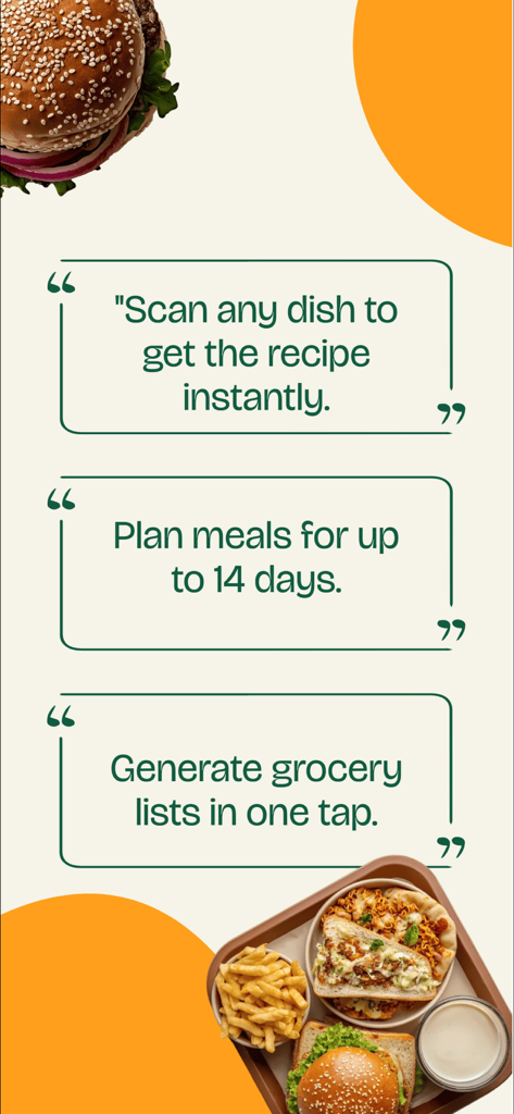PocketChef - Meal Planner - Pantalla de marketing que muestra funciones para escanear recetas, planificar comidas de 14 días y listas de compras automatizadas.