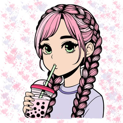 realistic girl with braided hair drinking boba