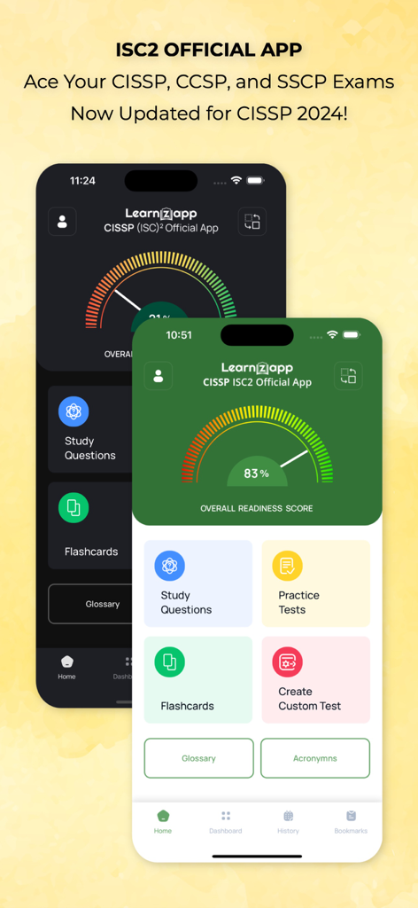 Interface of the ISC2 official app for CISSP CCSP and SSCP exam preparation showing the readiness score dashboard