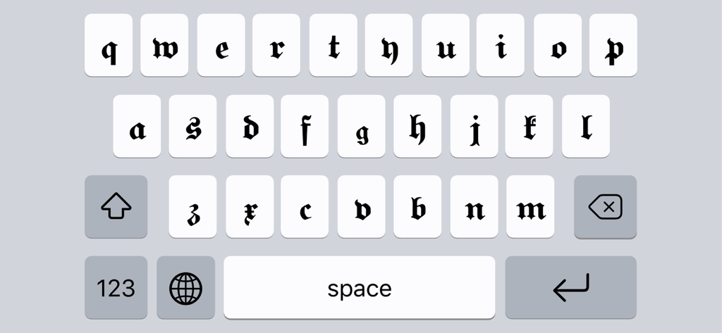 Fonts Air - Font keyboard - Una tastiera mobile con stili di font gotici blackletter sui tasti.