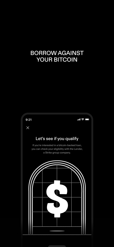 STRIKE: BUY & HOLD BITCOIN - Strike app screen showing the option to borrow cash against bitcoin holdings.