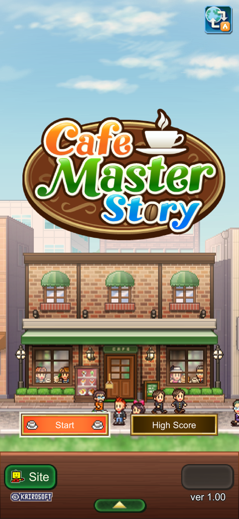 Cafe Master Story - Tela de título de Cafe Master Story mostrando uma cafeteria em pixel art e clientes